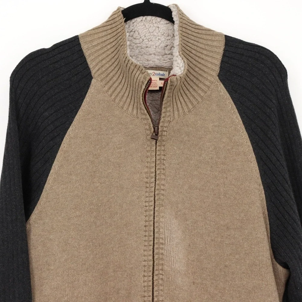 Carbon 2 Cobalt Men's Sherpa Fleece Lined Full Zip Sweater Size L Beige Casual